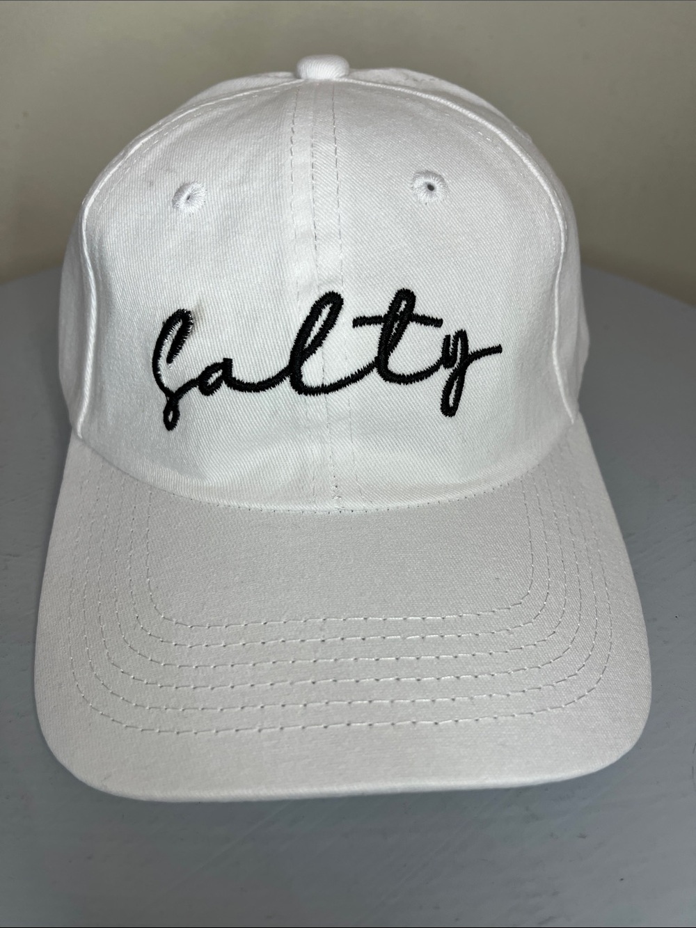Zenana “Salty” Script Embroidered White Cap NEW